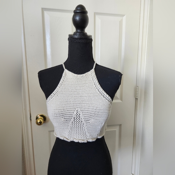 Free People White Crochet High Neck Knit Ruffle Strappy Back Crop Top S - Picture 1 of 8